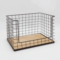 Wooden bottom brown powder coating laundry cloth metal wire fruit storage basket for organizing