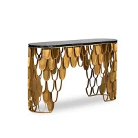 luxury fish scale shaped glass top console table for Golden Stainless Steel frame console