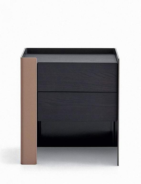 Italian minimalist black oak leather bedside table