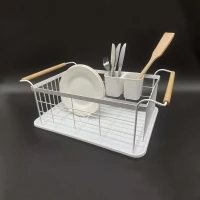 Kitchen dish drying rack with wooden handles tray metal iron white plate storage can be customized wholesale
