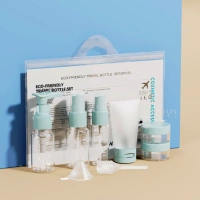Travel partner airline bag plastic travel kit blue white bottle set with spray bottle lotion bottle cream jar and pouch